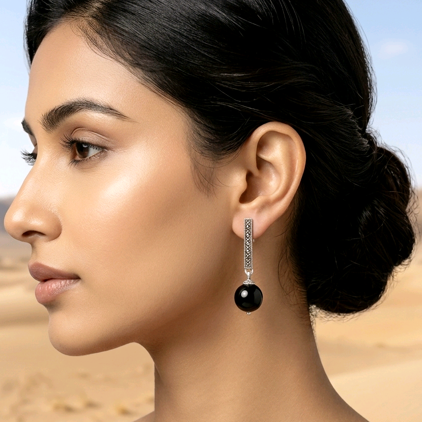 Black Onyx And Marcasite Silver Earrings
